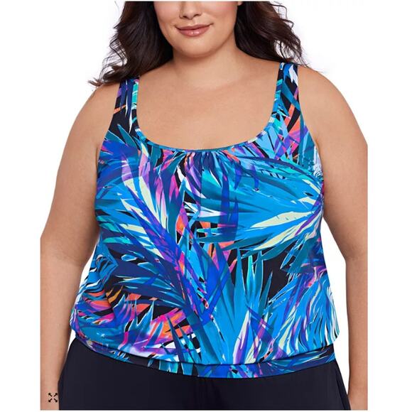 NWT Swim Solutions Blue Blouson Tankini Top SZ 22W Loose Fit Underwire Tropical - Picture 1 of 10